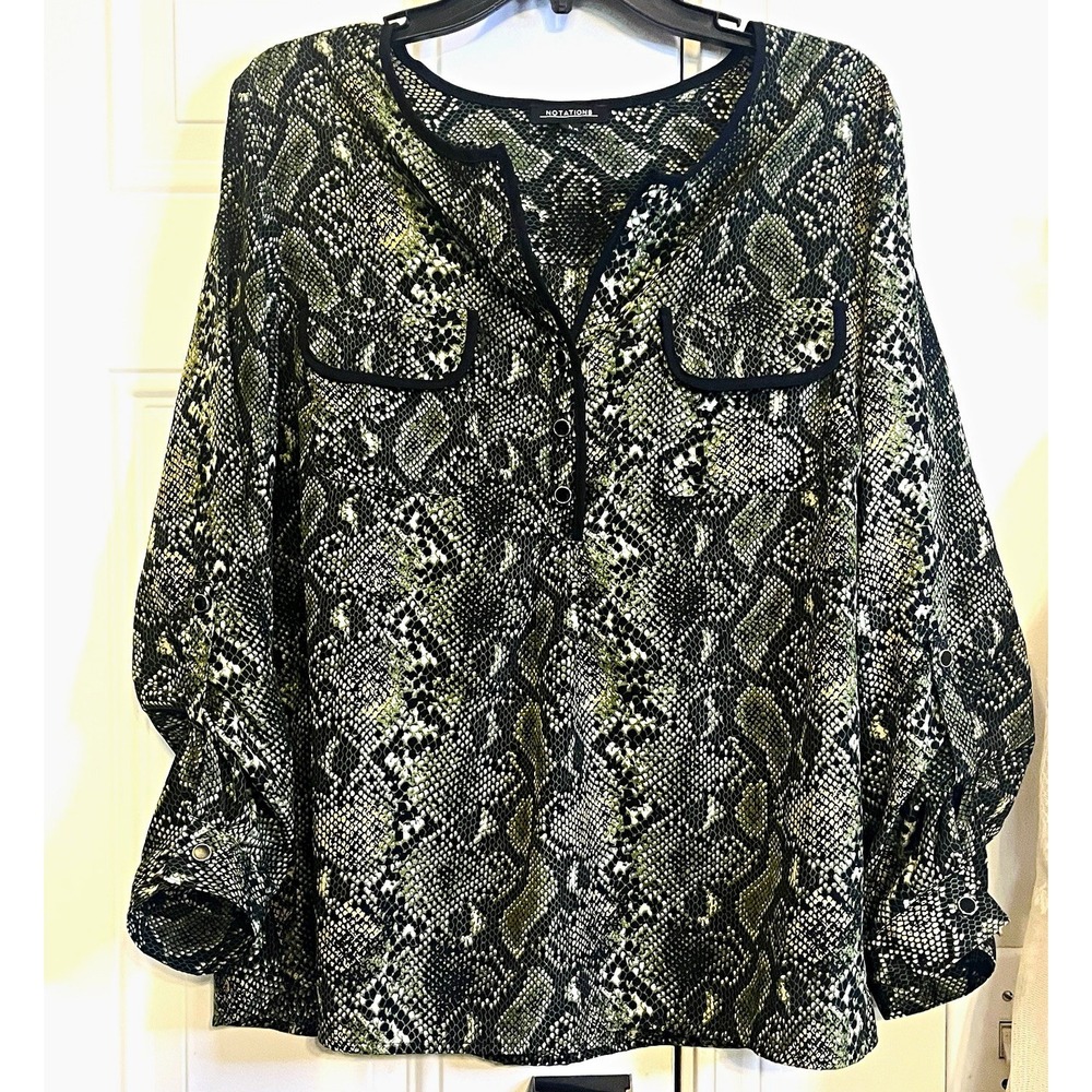 Notations Grunge Womens L Green Black Snake Skin Print Blouse Roll Tab Indie